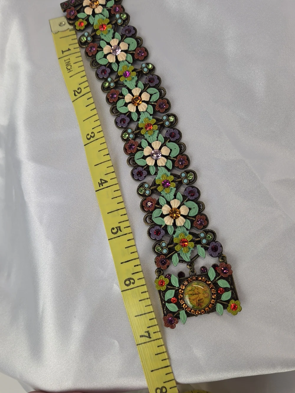 Antique Brass Floral Stretch Bracelet with Colorful Enamel Flowers - Picture 6 of 7